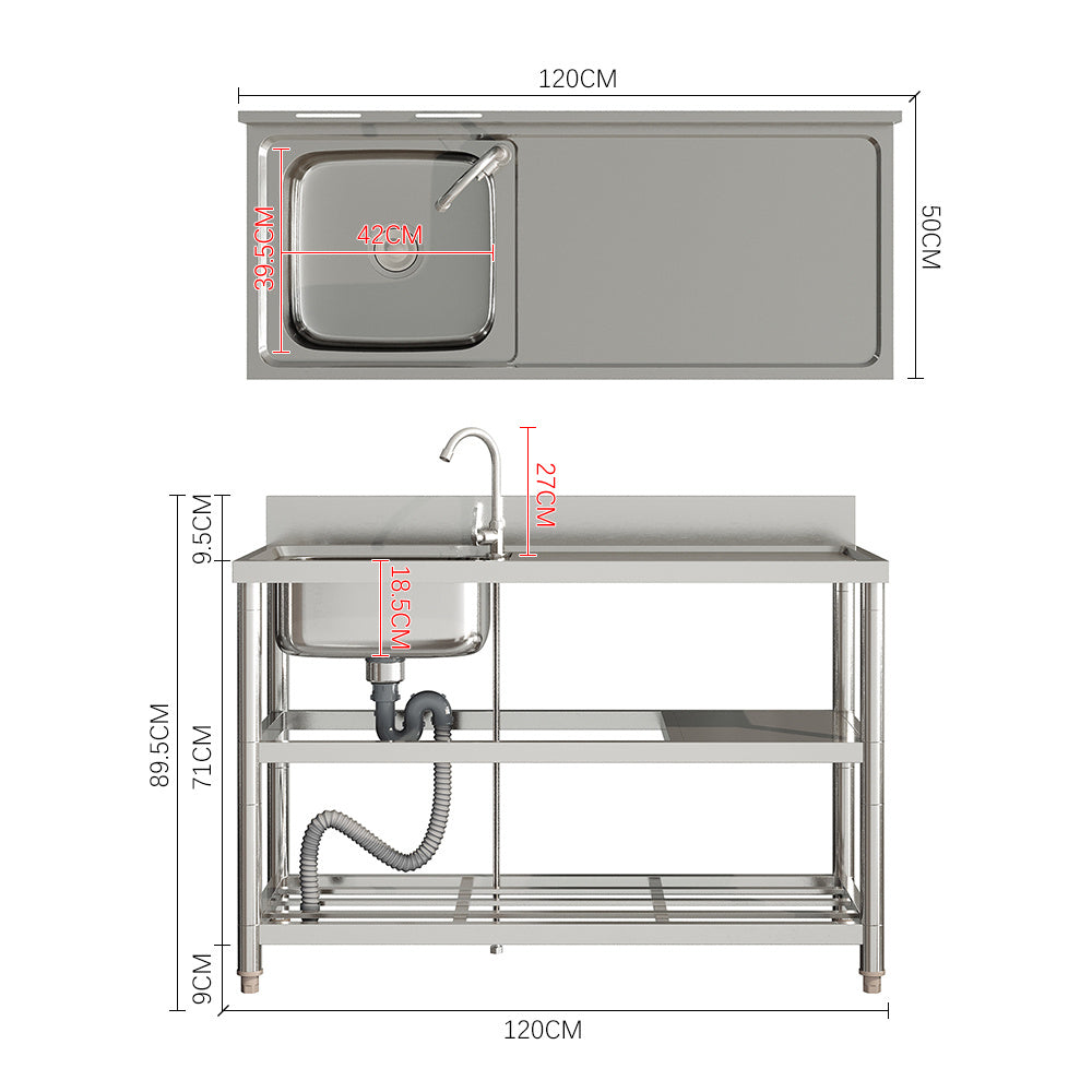 Silver 120cm W Stainless Steel Compartment Sink with Shelves