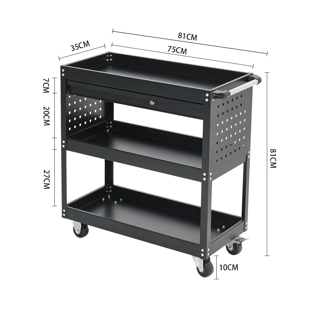 3 Tier Rolling Tool Cart with Lockable Drawer