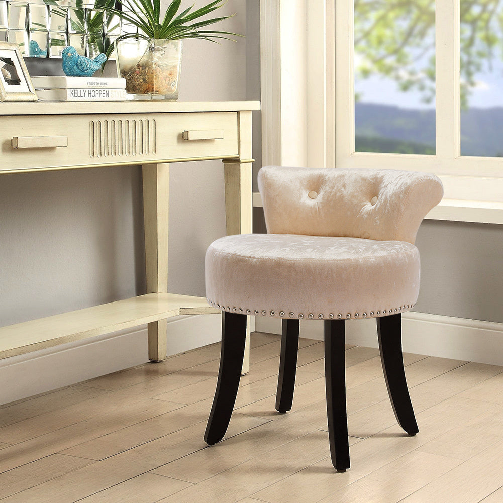 Beige Champagne Velvet Vanity Stool with Solid Rubber Wood Legs