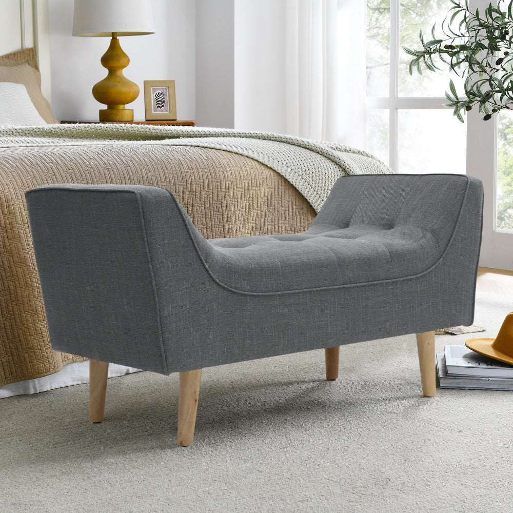 Grey 110cm Soft Chenille Upholstered Bench with Wooden Legs