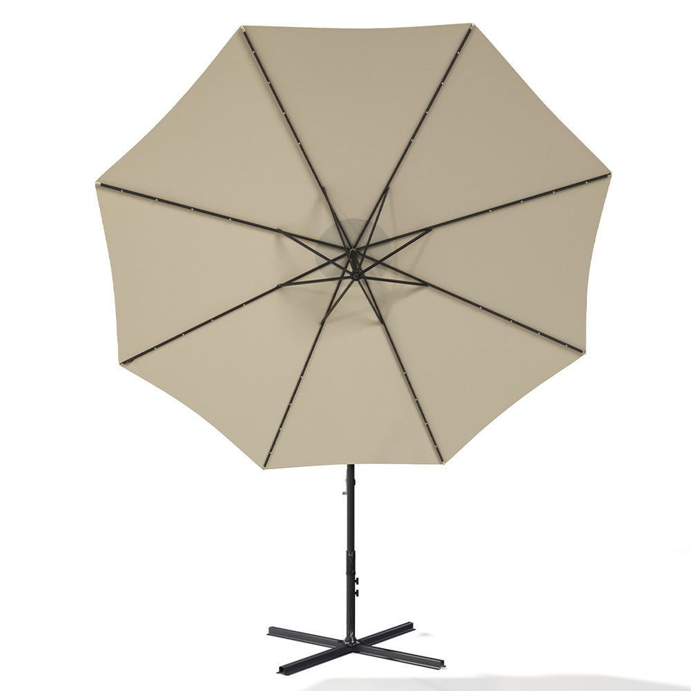 3M Large Garden Hanging LED Parasol Cantilever Sun Shade Banana Umbrella with Cross Base, Beige