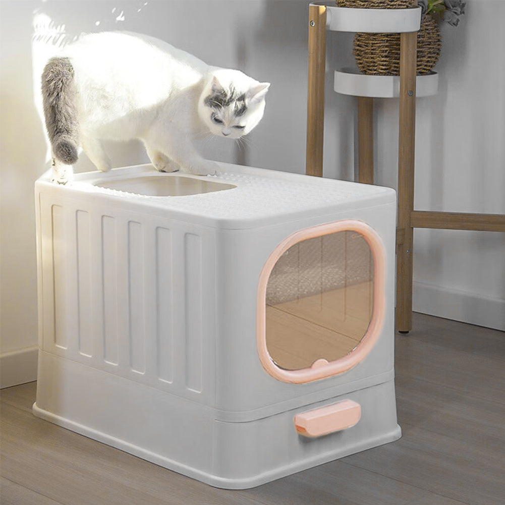 Pink Enclosed Folding Cat Litter Box Toilet with Scoop