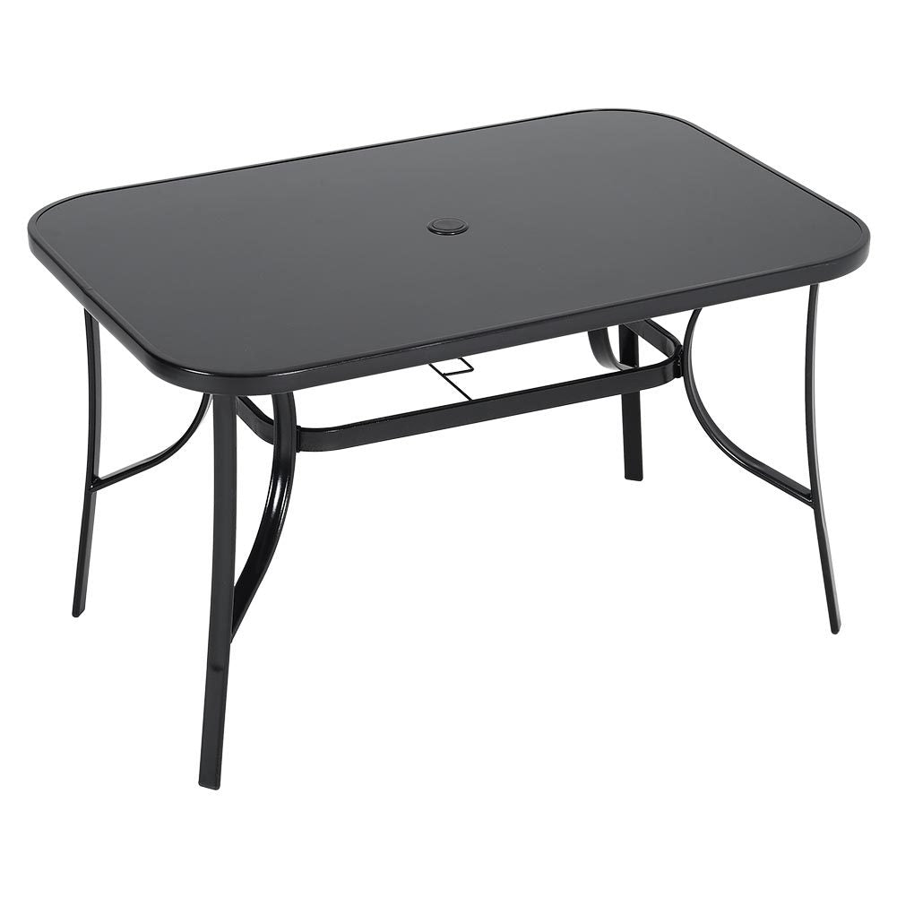 Black Set of 5 Garden 120CM Rectangle Glass Umbrella Table and Folding Chairs Set