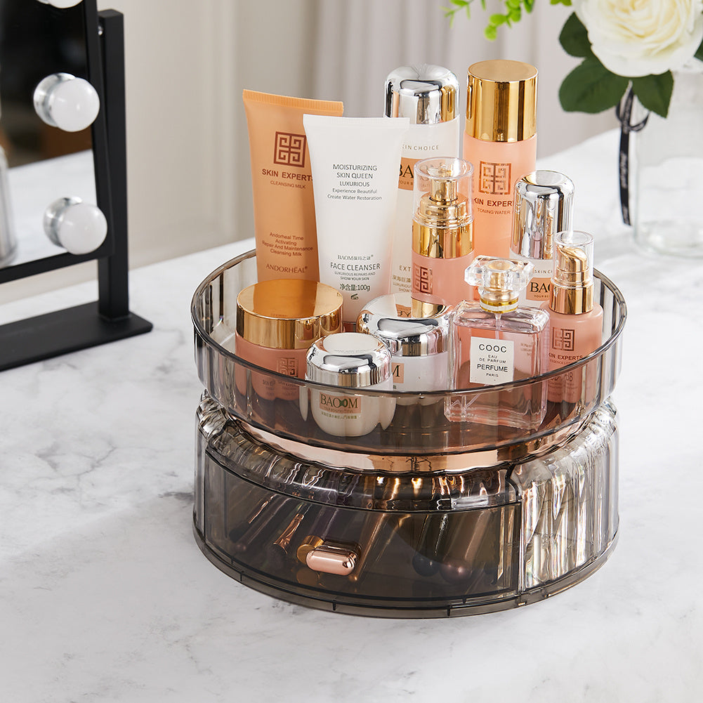 360? Rotating Makeup Cosmetic Organizer with Drawer, Grey