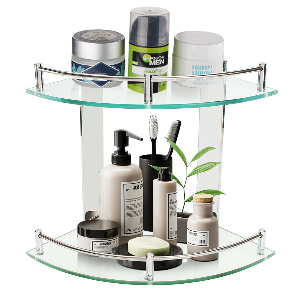 2 Tier Glass Corner Floating Storage Shelf Bathroom Shower Organizer