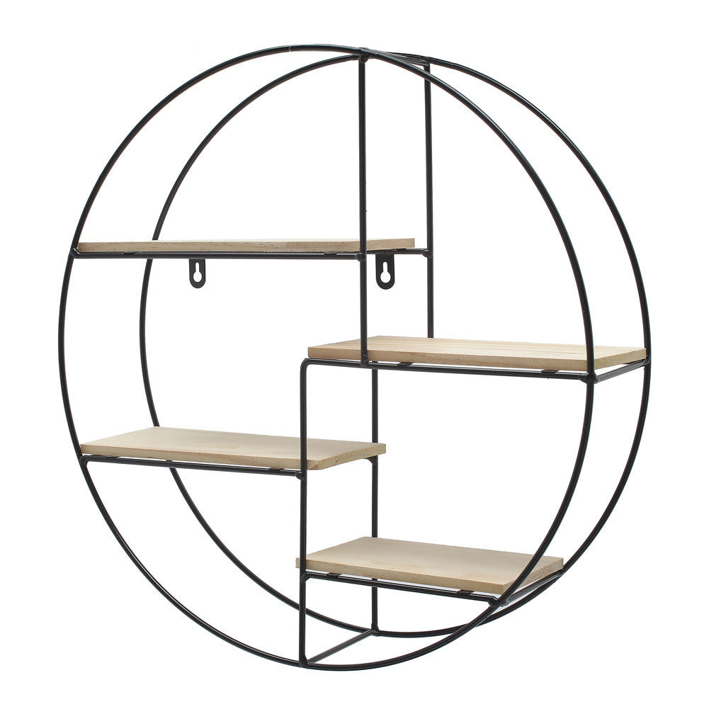 Round Floating Wall Shelf Iron Wood Modern Storage Decorative