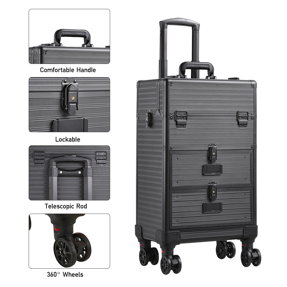 Aluminum 3 in 1 Cosmetic Trolley Case Beauty case on Wheels,Black