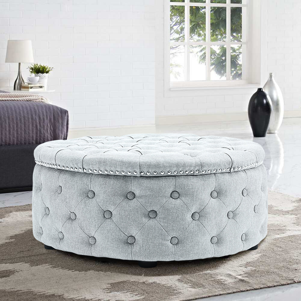 Linen Round Chesterfield Buttoned Footstool studded Edge, Grey White
