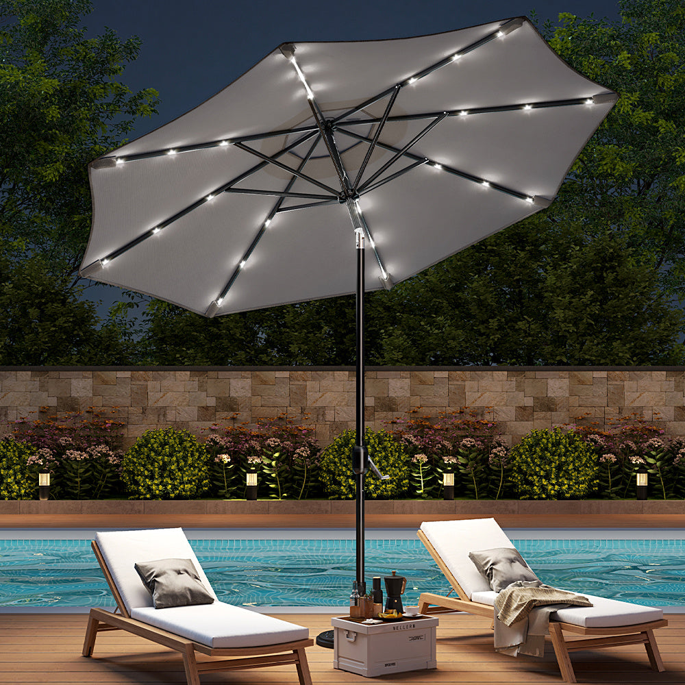 3M Large Garden LED Parasol Outdoor Beach Umbrella with Light Sun Shade Crank Tilt No Base, Light Grey