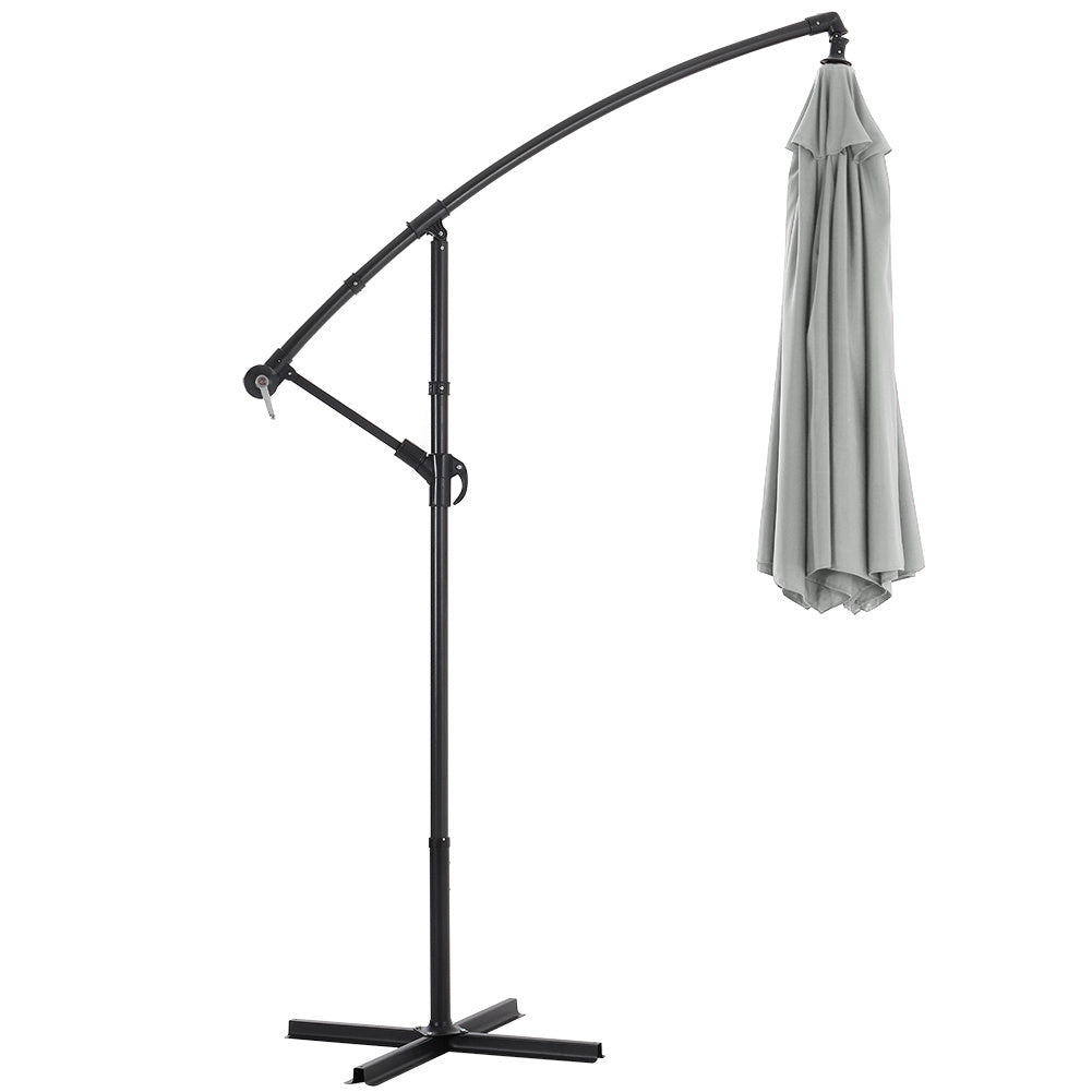 Garden 3M Light Grey Banana Parasol Cantilever Hanging Sun Shade Umbrella Shelter with Cross Base