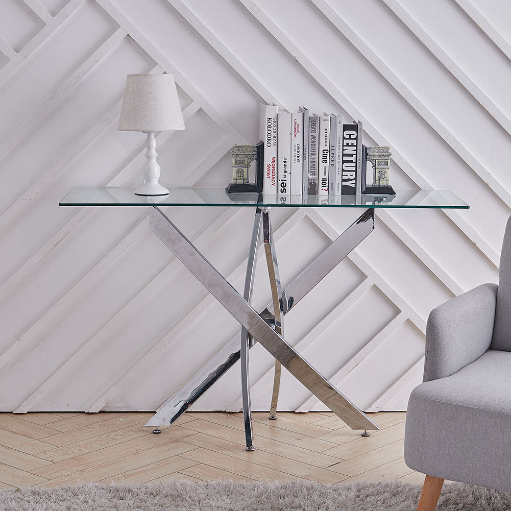 120x40CM Rectangle Tempered Glass Top Side Table with Chrome Legs