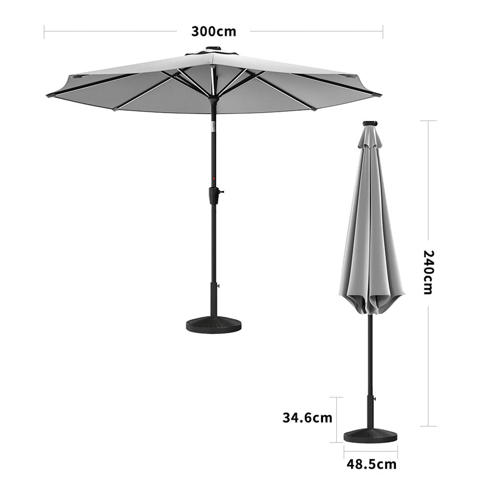 3M Light Grey Large Garden LED Parasol Outdoor Beach Umbrella with Light Sun Shade Crank Tilt with 14KG Round Base