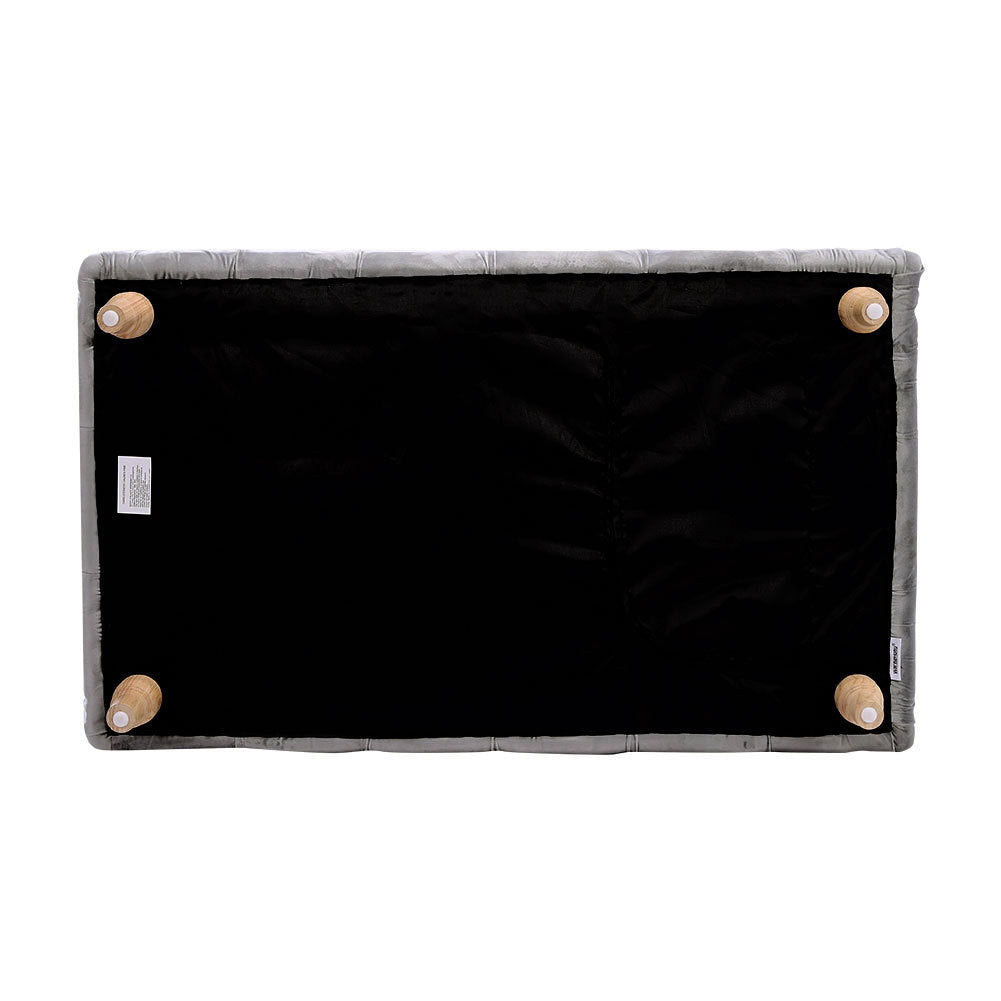 Velvet Buttoned Footstool with Wood Legs, Grey