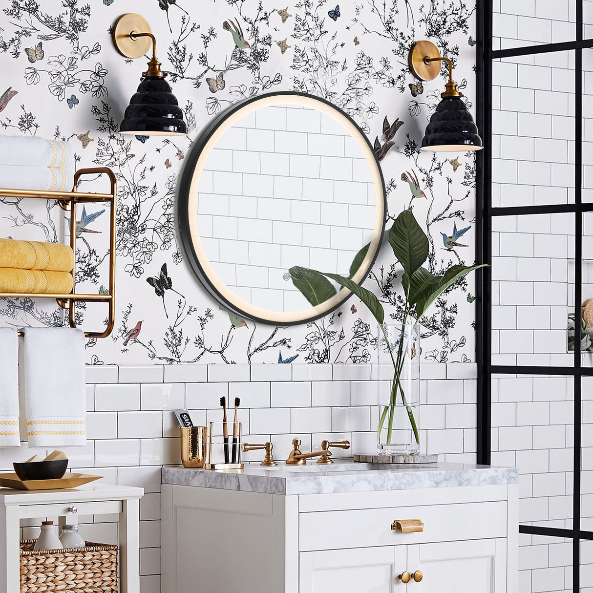 Black 60cm Round Metal Framed LED Wall Mirror