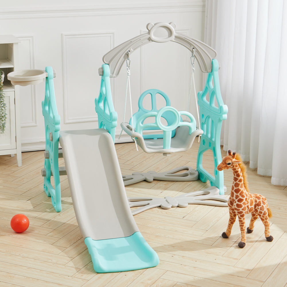 Green Indoor and Outdoor Swing and Slide Set for Kids