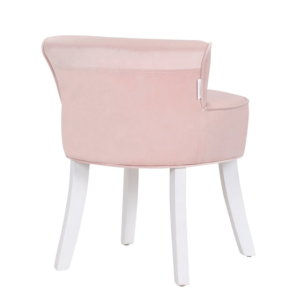 Velvet Vanity Stool Soft Seat Low Back with White Wooden Legs, Pink