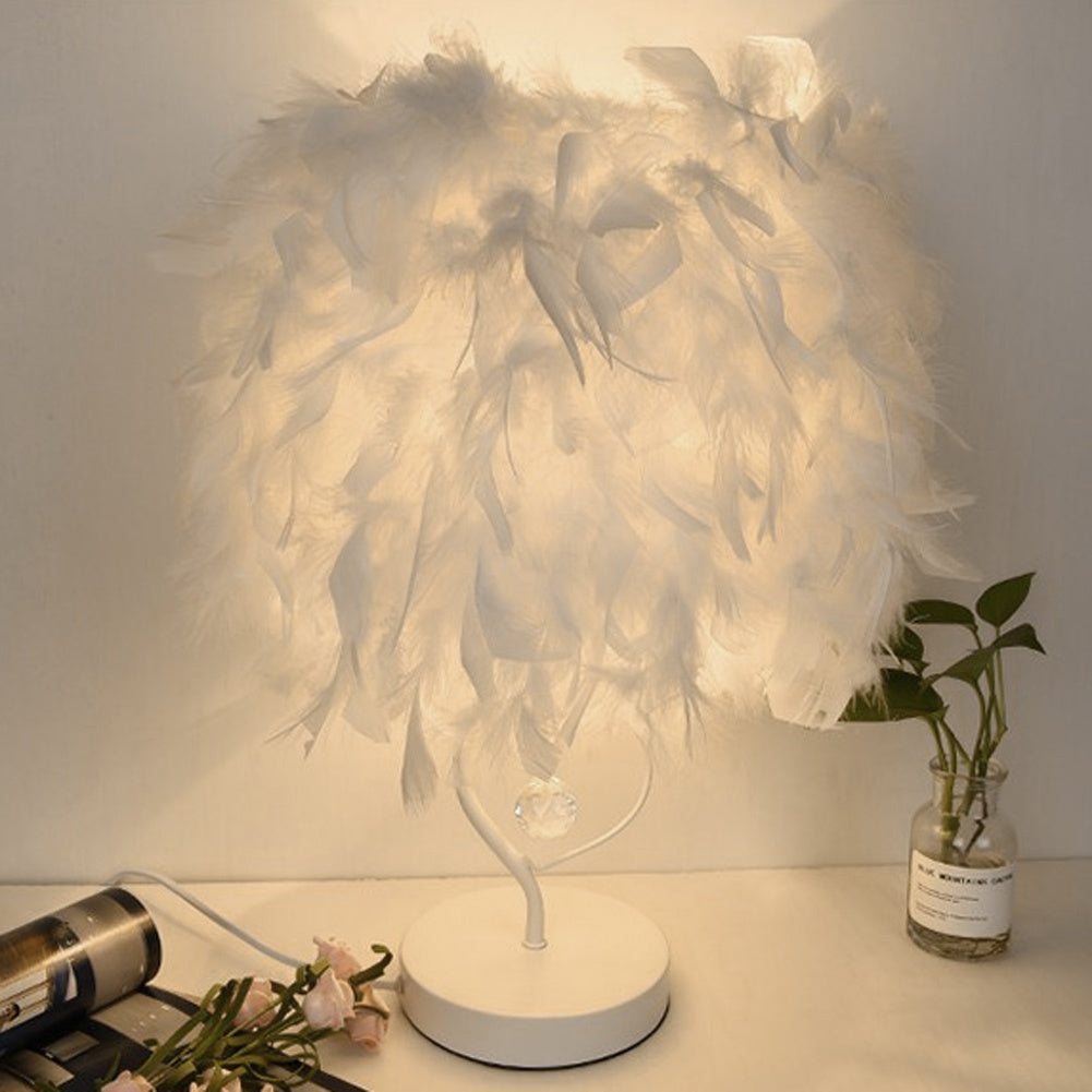 White Feather Heart shaped Table Lamp for Bedside Sitting Room