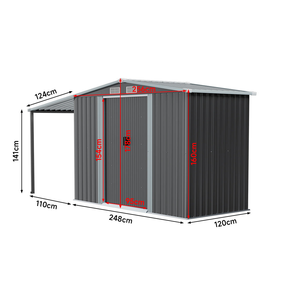 Grey 256cm Outdoor Metal Storage Shed with Pitched Roof