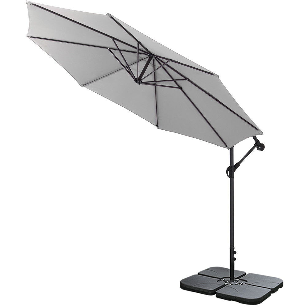 Garden 3M Light Grey Banana Parasol Cantilever Hanging Sun Shade Umbrella Shelter with Square Base