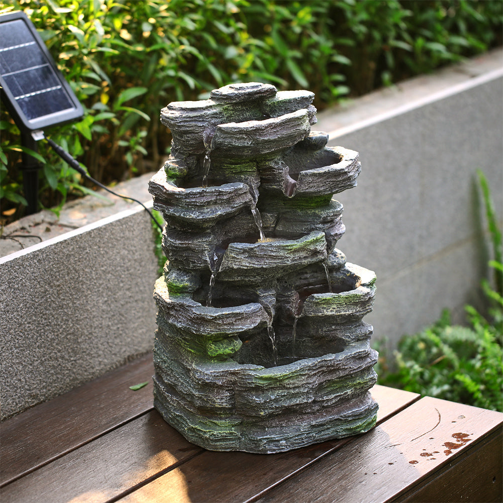 Solar Energy Rock Garden Resin Fountain Waterfall with Lights