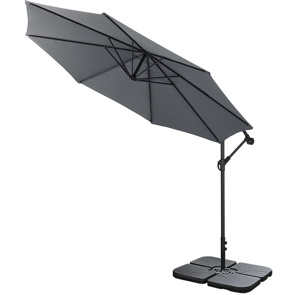 Garden 3M Dark Grey Banana Parasol Cantilever Hanging Sun Shade Umbrella Shelter with Square Base