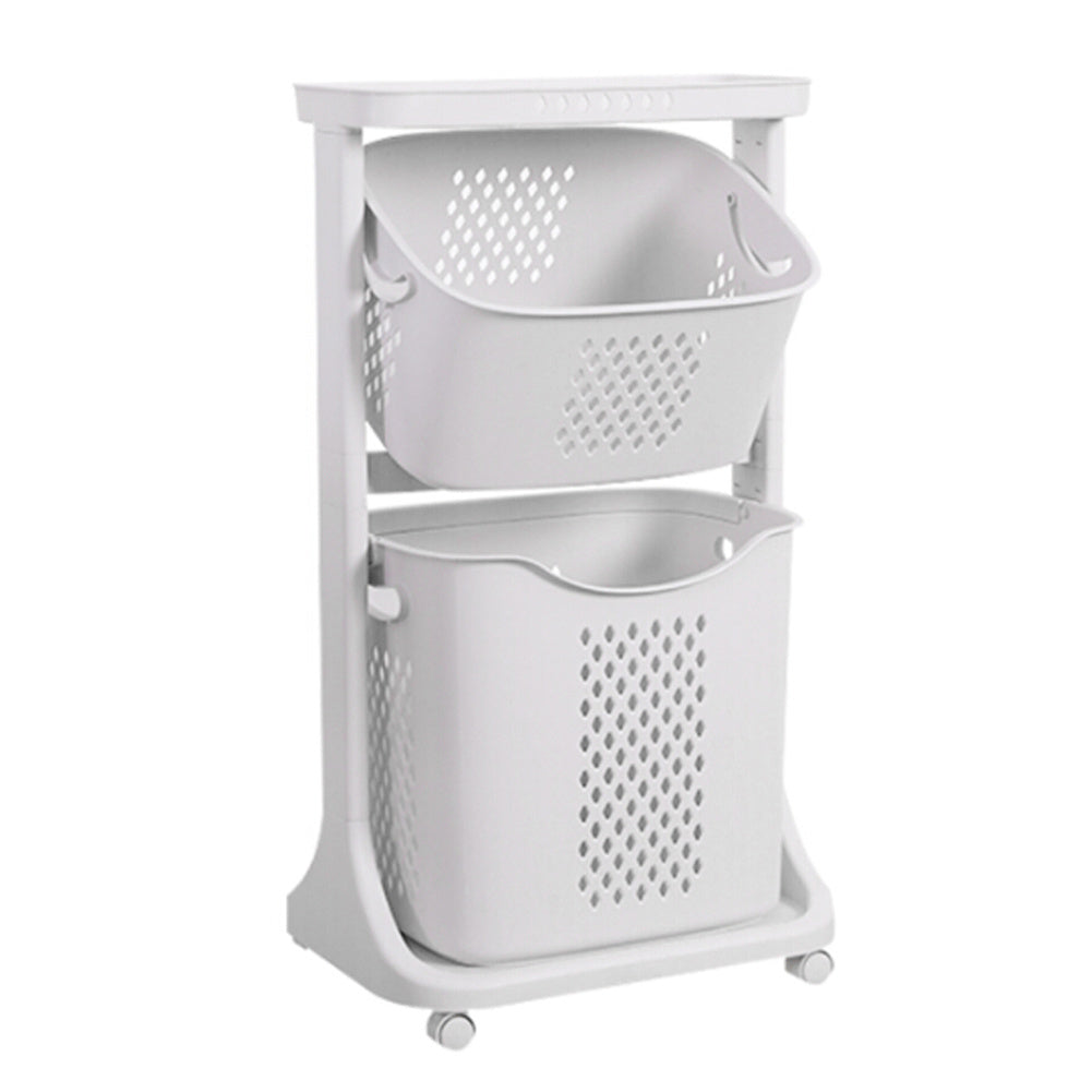 2 Tier Plastic Laundry Basket Trolley Cart Washing Clothes Sorter Organizer