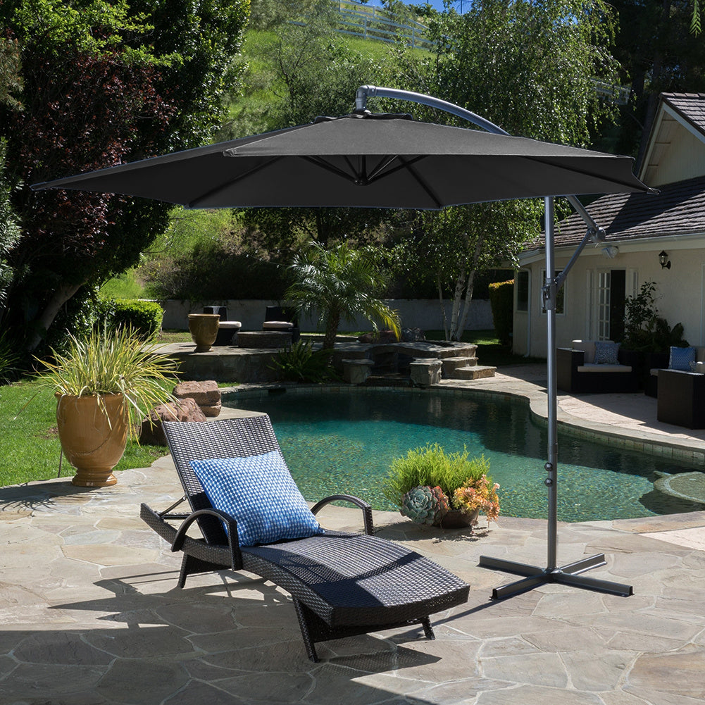 Garden 3M Black Banana Parasol Cantilever Hanging Sun Shade Umbrella Shelter with Cross Base