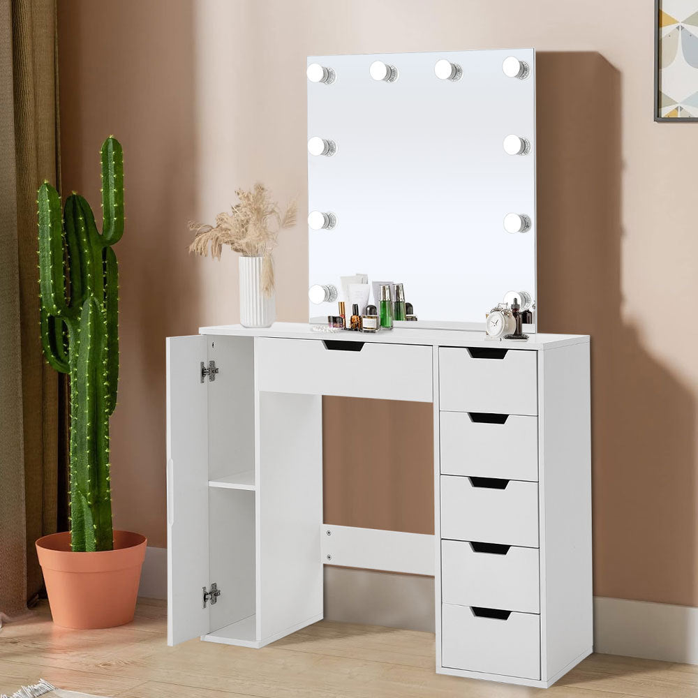 White Hollywood Dressing Table with LED Lights Mirror 6 Drawers