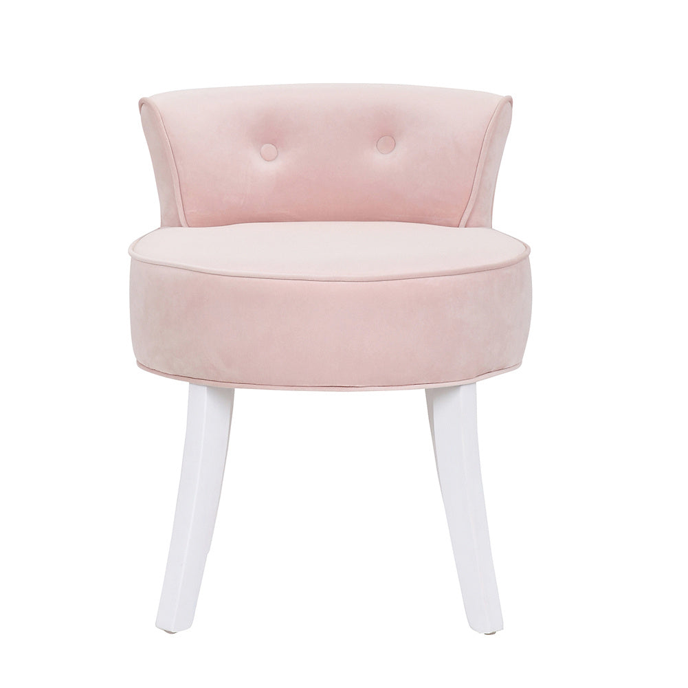 Velvet Vanity Stool Soft Seat Low Back with White Wooden Legs, Pink