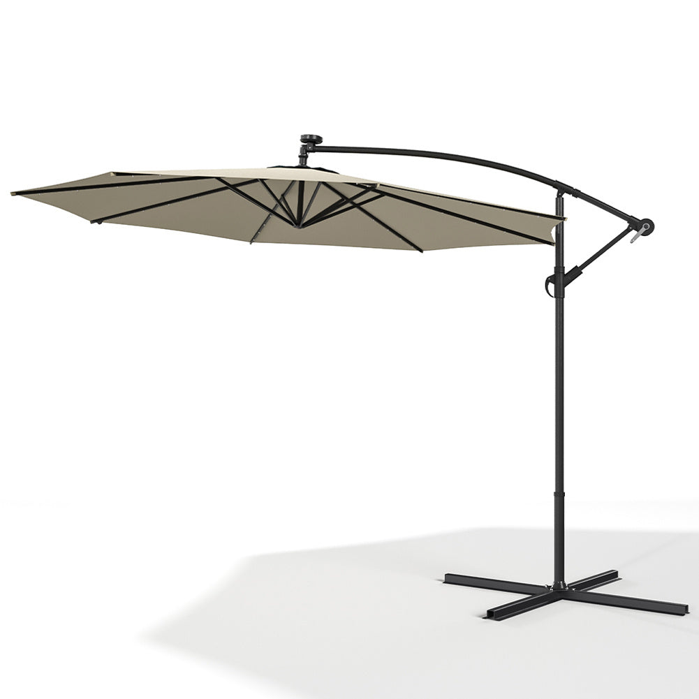 3M Large Garden Hanging LED Parasol Cantilever Sun Shade Banana Umbrella with Cross Base, Beige