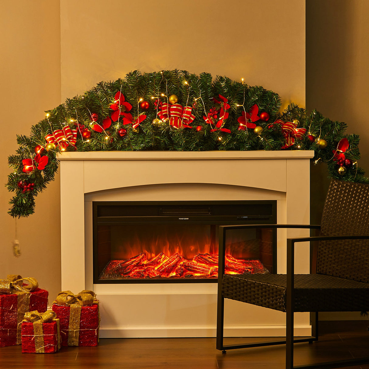 180CM Christmas Cow Horns Shape Rattan Christmas Wreath with LED light Style A