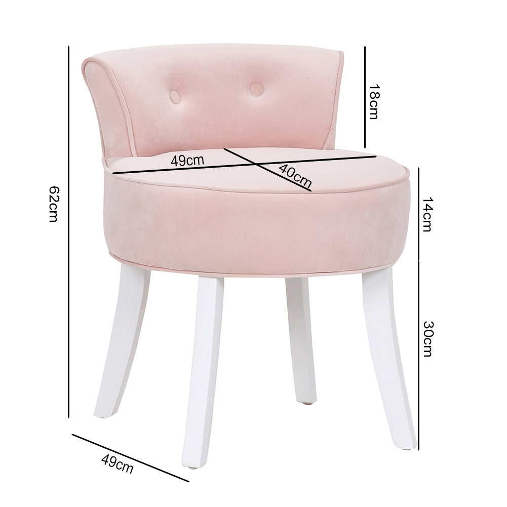 Velvet Vanity Stool Soft Seat Low Back with White Wooden Legs, Pink
