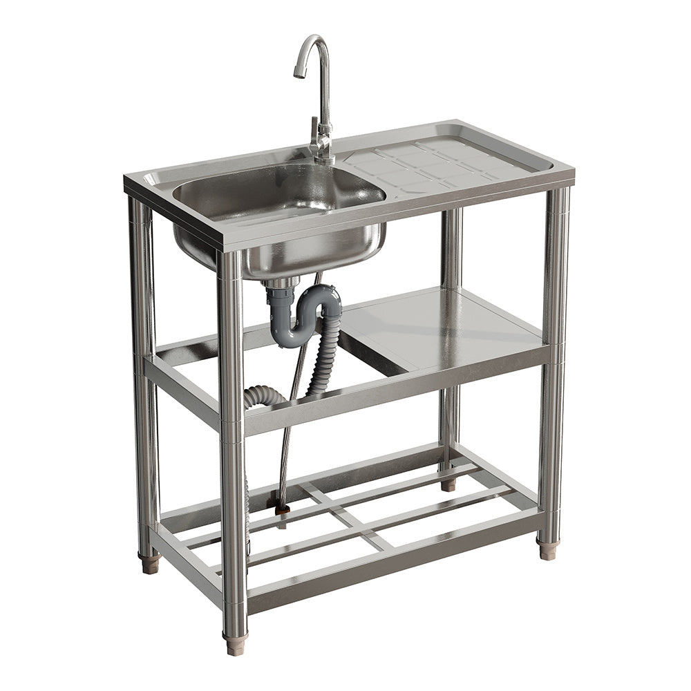 Silver Kitchen Stainless Steel One Compartment Sink with Shelves and Drainboard