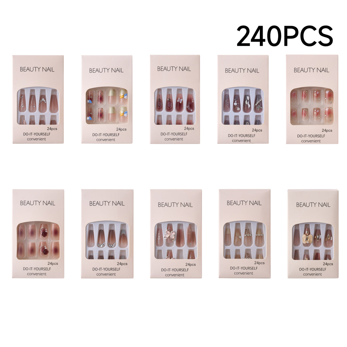 240PCS Rhinestone Press On Nails Glossy Fake Nails Manicure Set