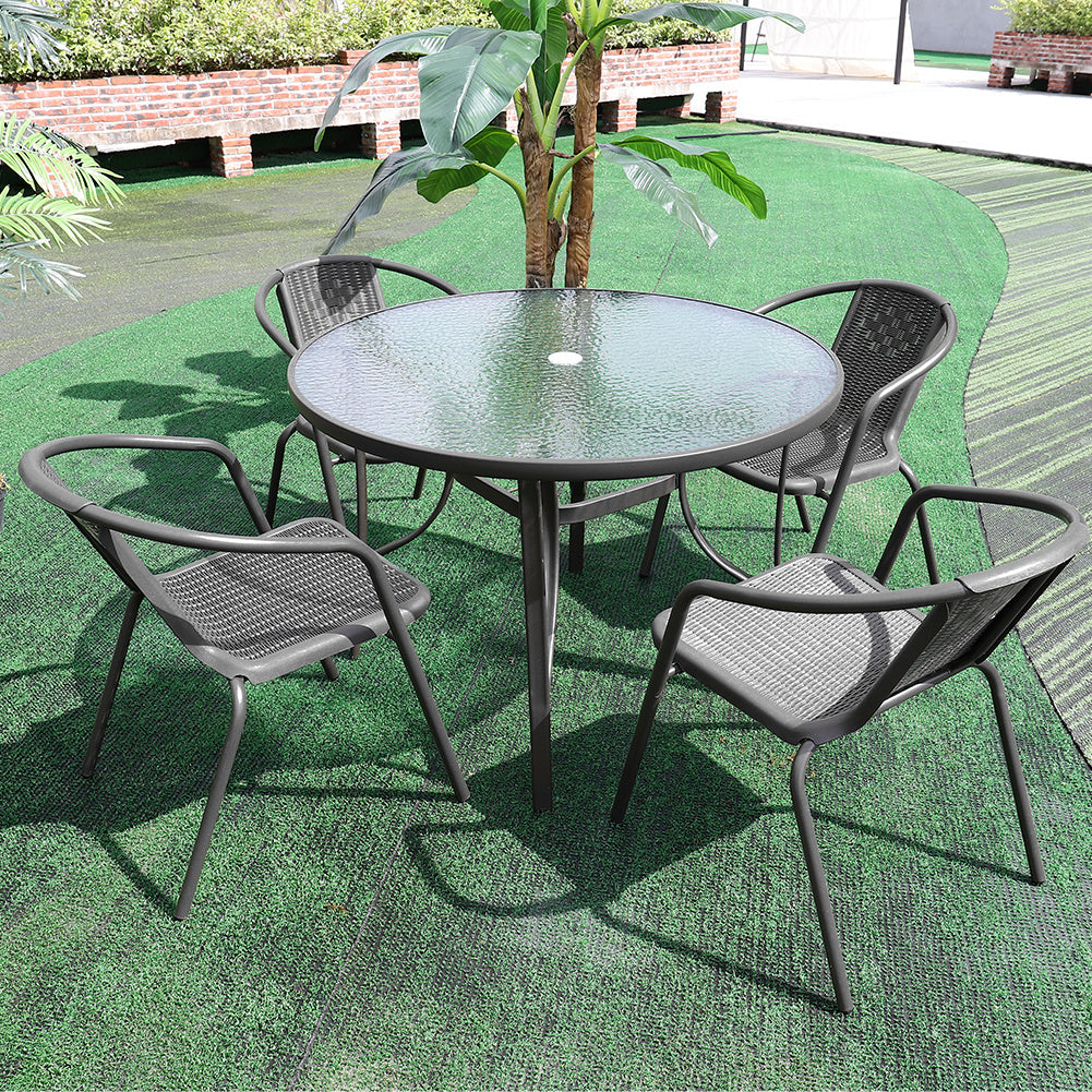 Set of 5 Garden 105CM Ripple Glass Round Umbrella Table and Stackable Chairs Set, Black
