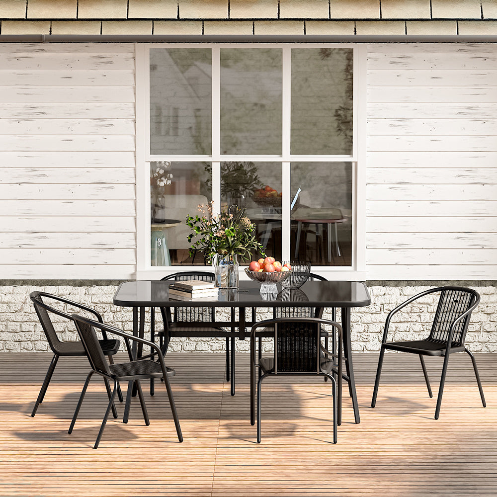 Set of 7 Garden Patio Glass Umbrella Table and Stackable Chairs Set