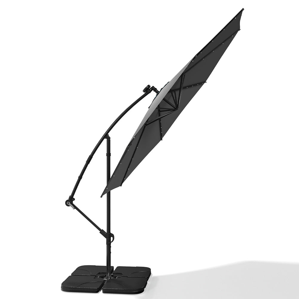 3M Large Garden Hanging LED Parasol Cantilever Sun Shade Banana Umbrella with Cross Base, Dark Grey