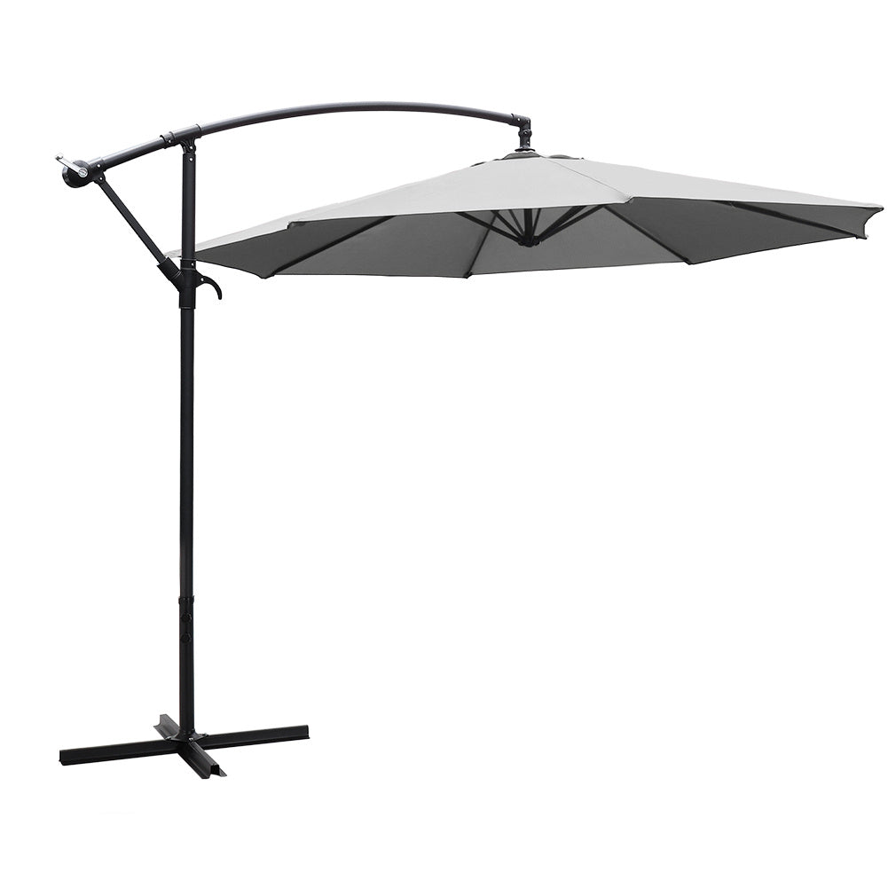 Garden 3M Light Grey Banana Parasol Cantilever Hanging Sun Shade Umbrella Shelter with Cross Base