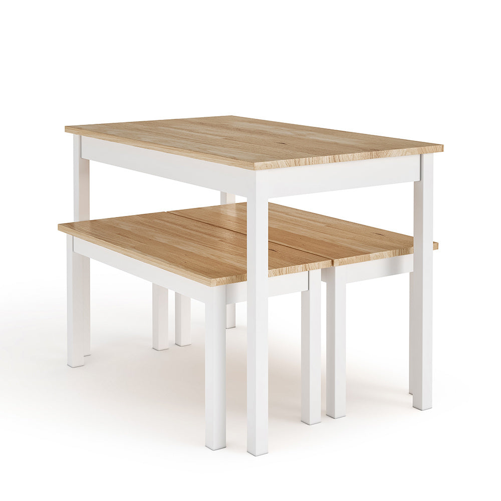 White Set of 3 Modern Wood Dining Table and Benches