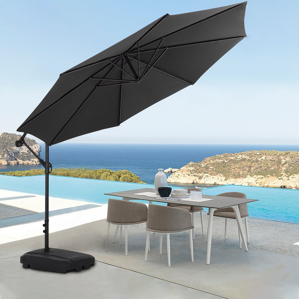 Garden 3M Black Banana Parasol Cantilever Hanging Sun Shade Umbrella Shelter with Rectangle Base
