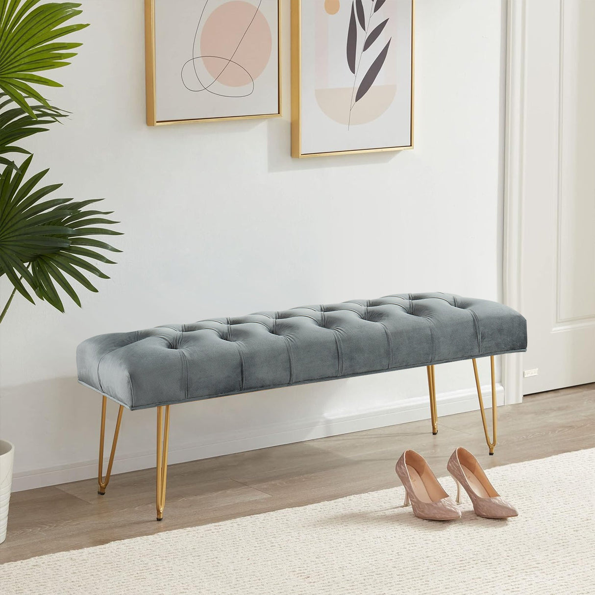 Velvet Buttoned Ottoman Footstool Gold Chrome Legs,Grey