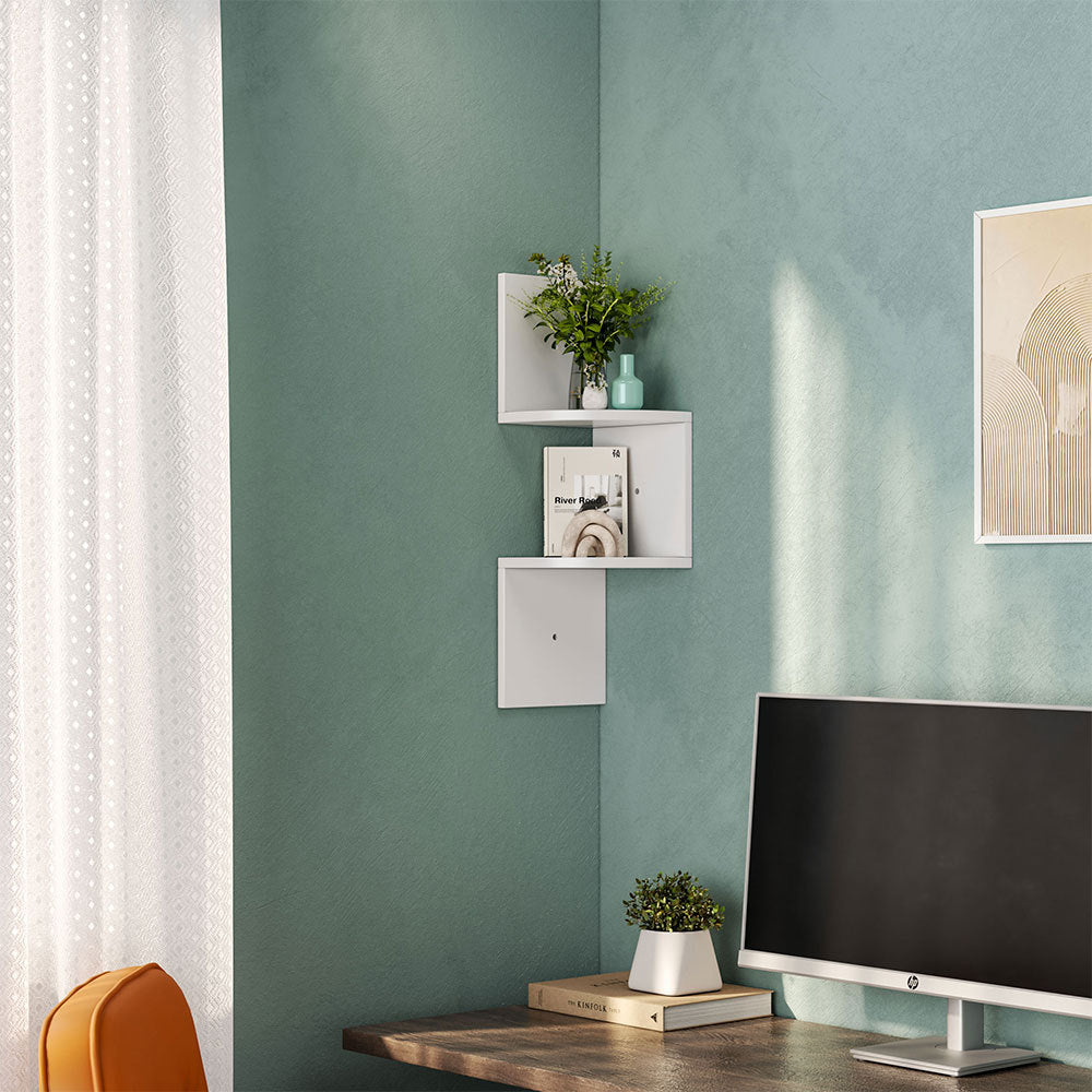 2 Tier Floating Wall Corner Shelves Display Storage Rack, White