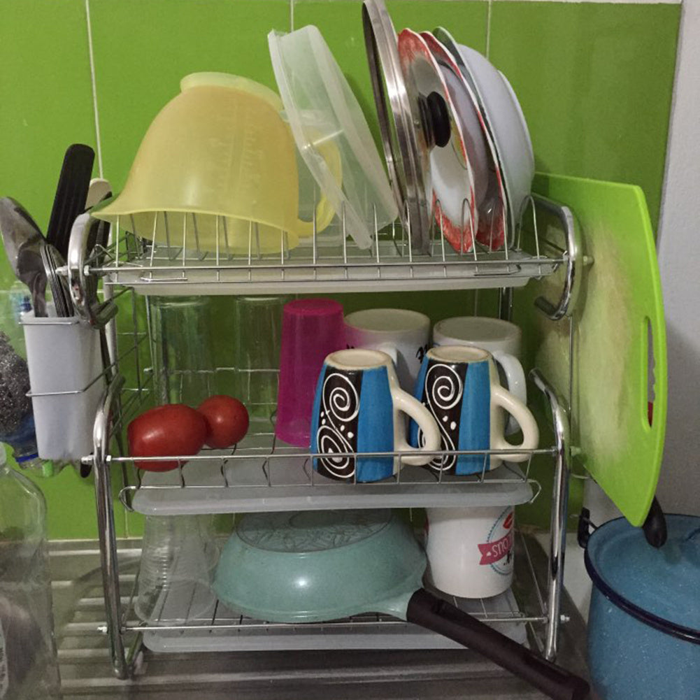 3 Tier Chrome Dish Drying Rack Cutlery Cups Holder with Drip Tray