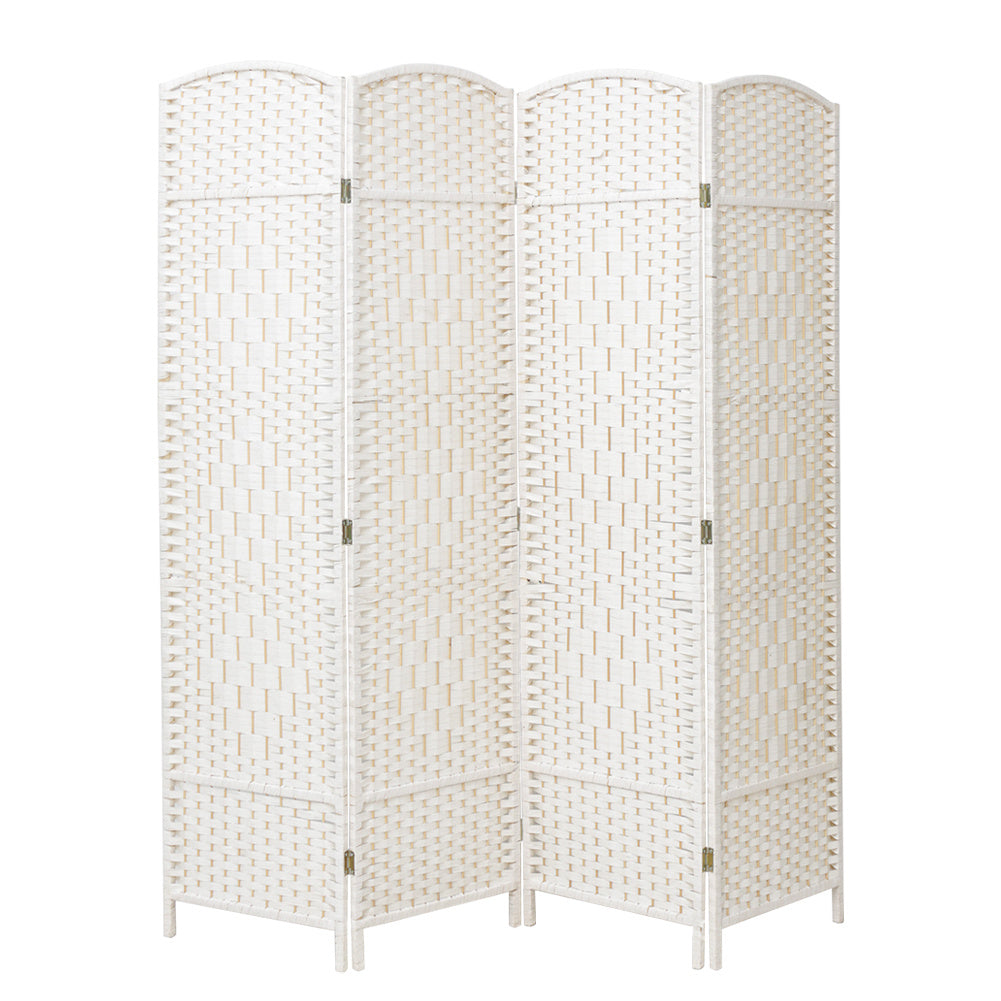 White Solid Weave Wicker Wood Room Divider 4 Panel