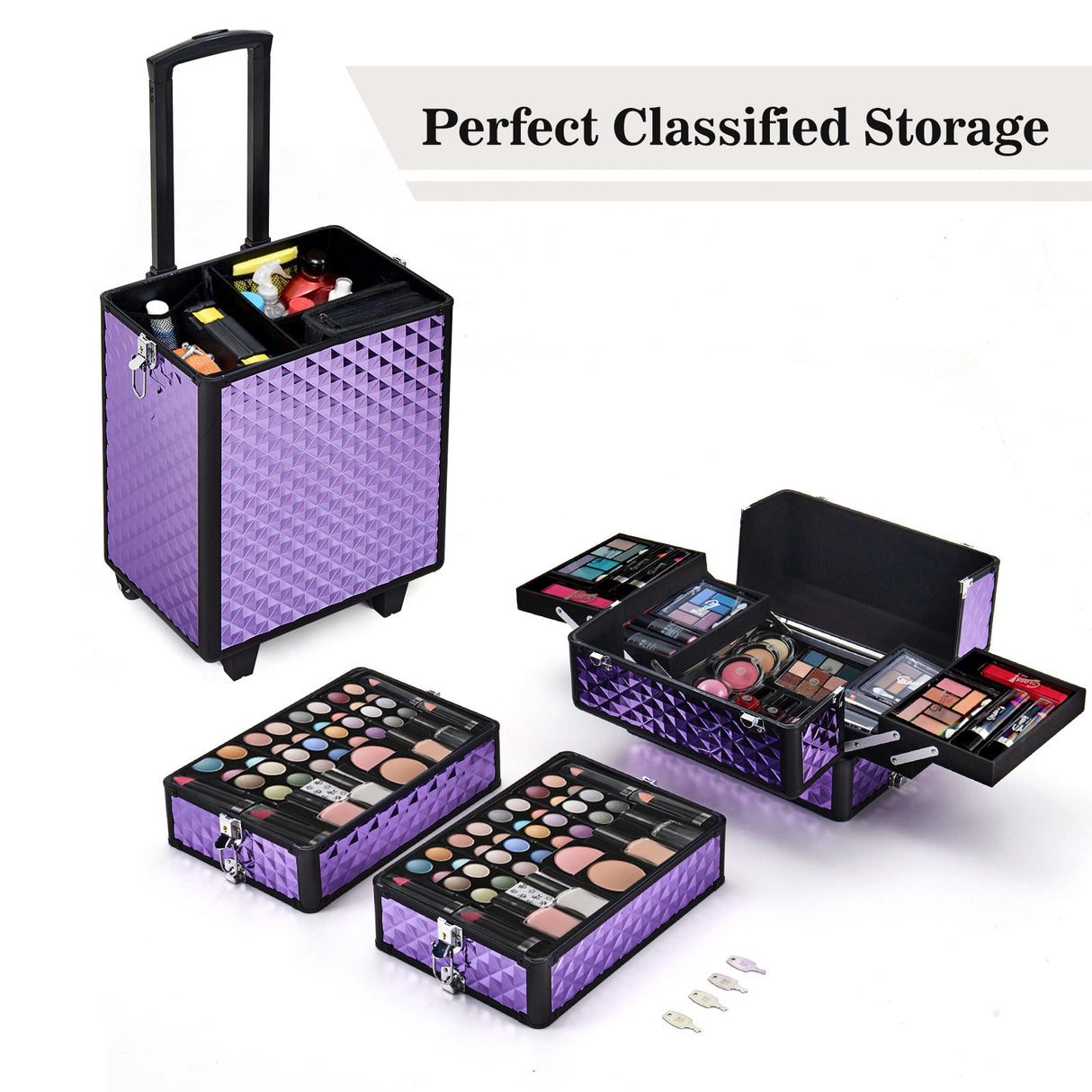 Purple 4 in 1 Professional Cosmetic Makeup Train Case