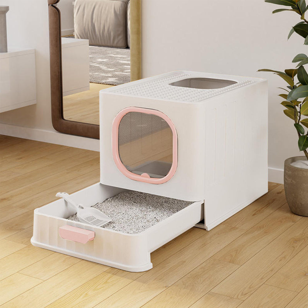 Pink Enclosed Folding Cat Litter Box Toilet with Scoop