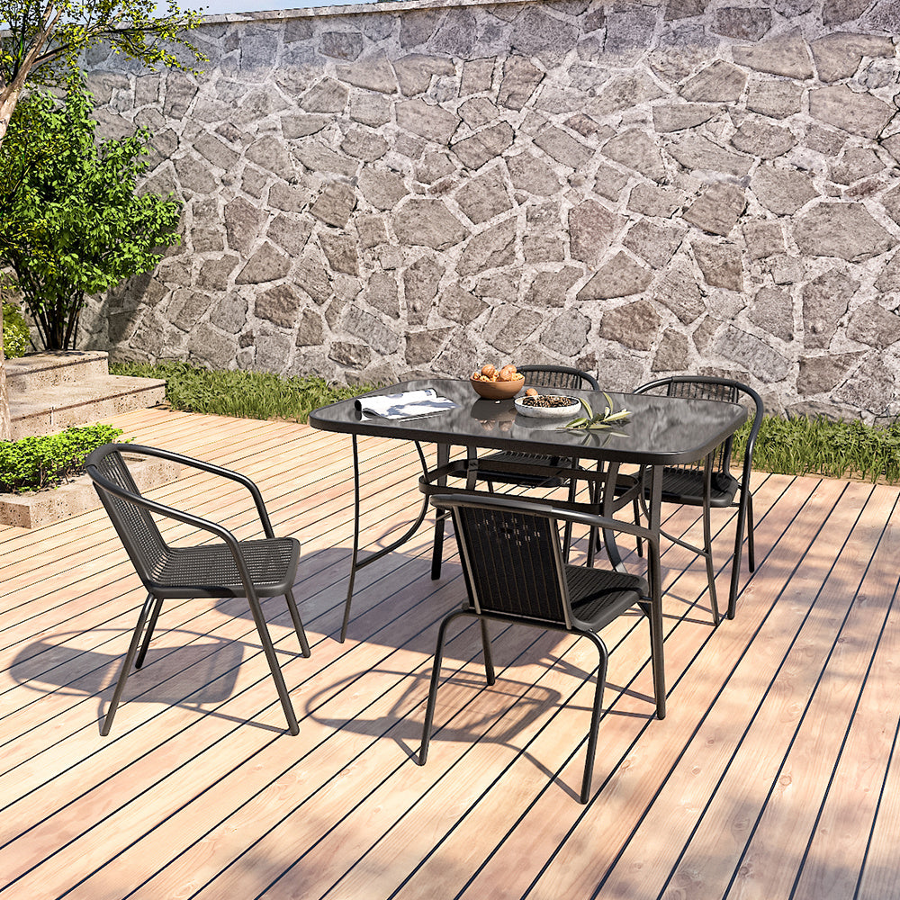 Black Set of 5 Garden 120CM Rectangle Glass Umbrella Table and Stackable Chairs Set