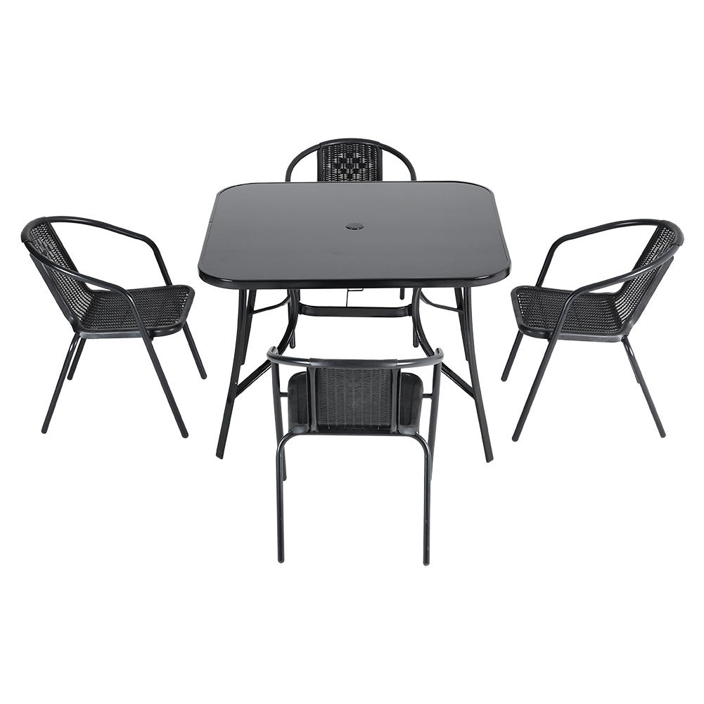 Set of 5 Garden 105CM Patio Glass Umbrella Table and Stackable Chairs Set