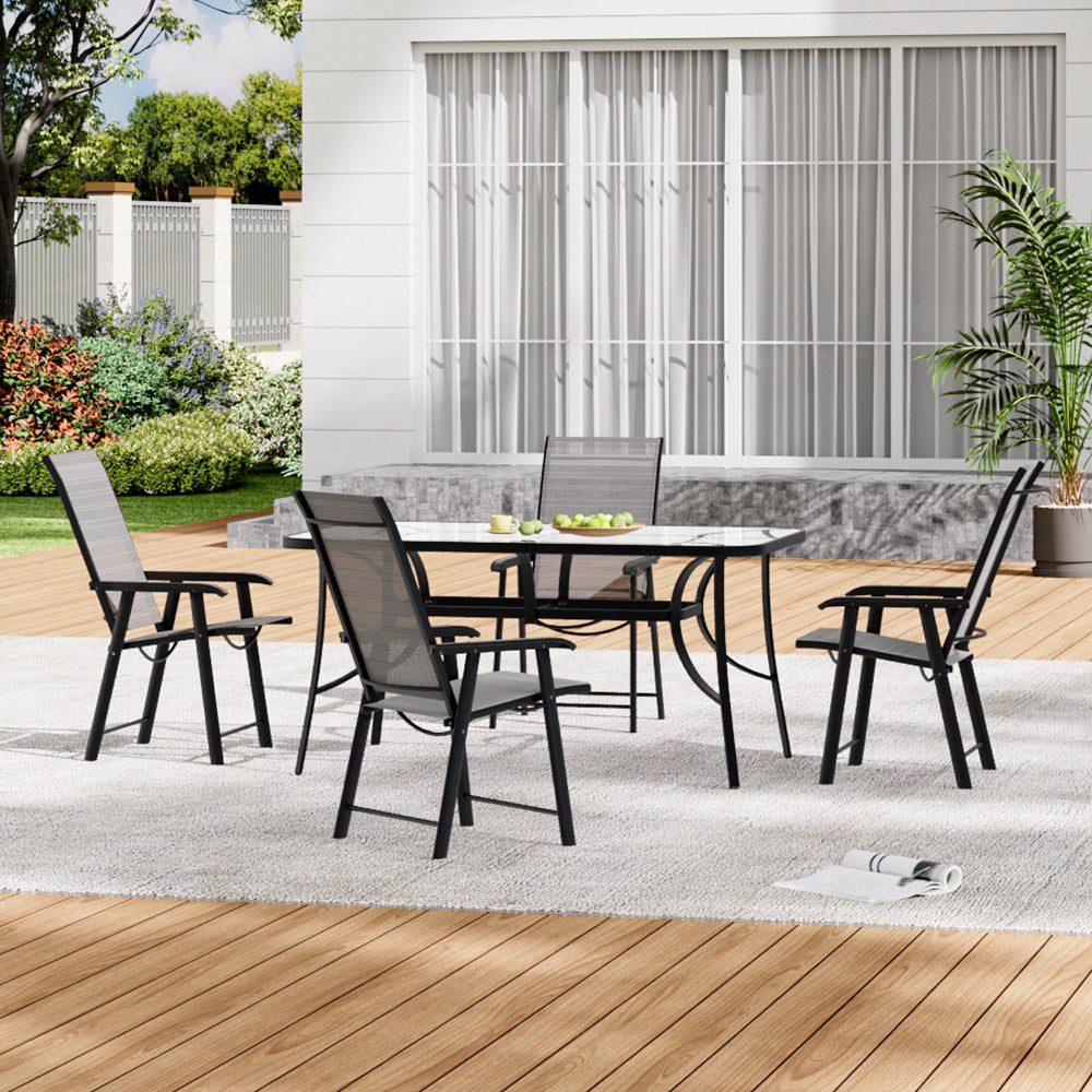 Set of 5 Garden 150CM Ripple Glass Rectangle Umbrella Table and Folding Chairs Set, Black