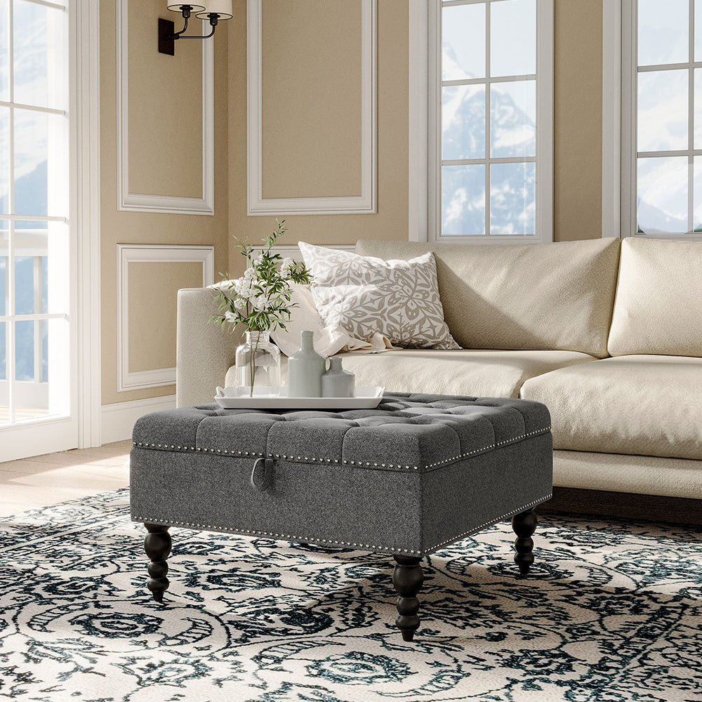 74x77CM Square Tufted Linen Storage Ottoman,Grey